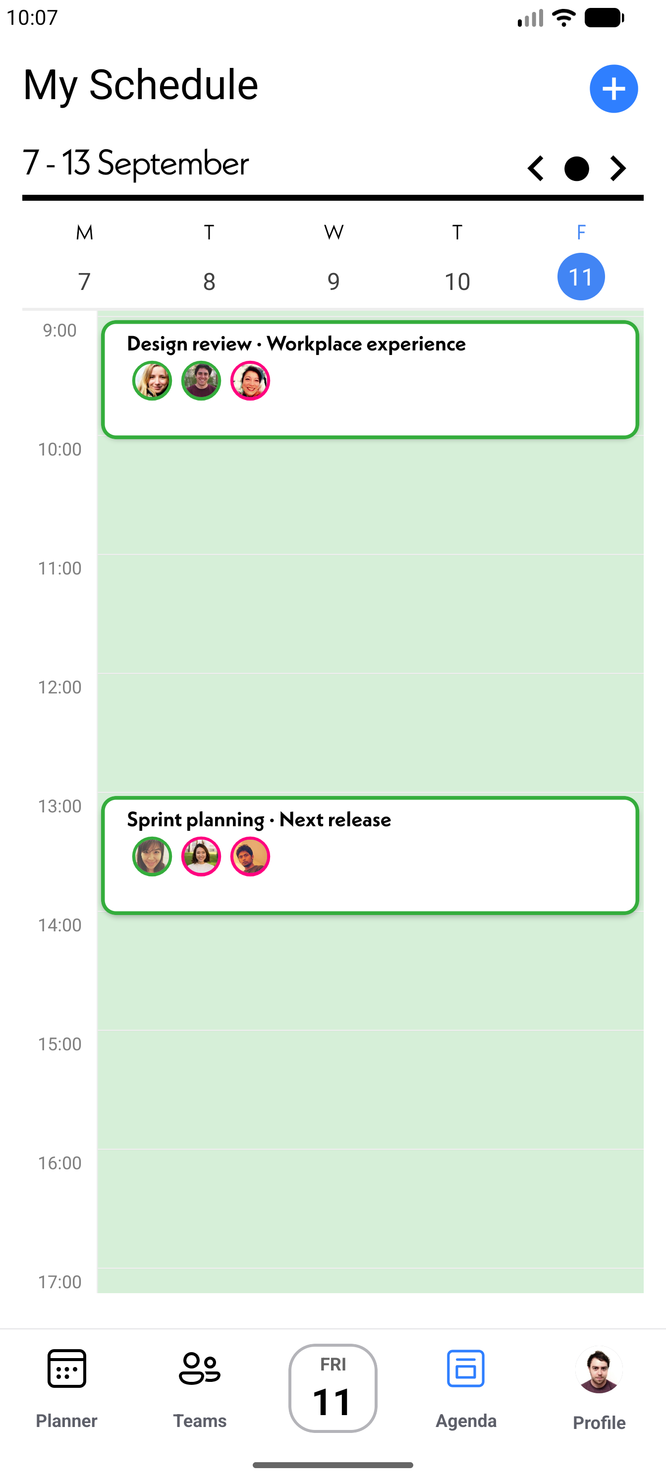 Real hyTeams agenda with meetings and attendees