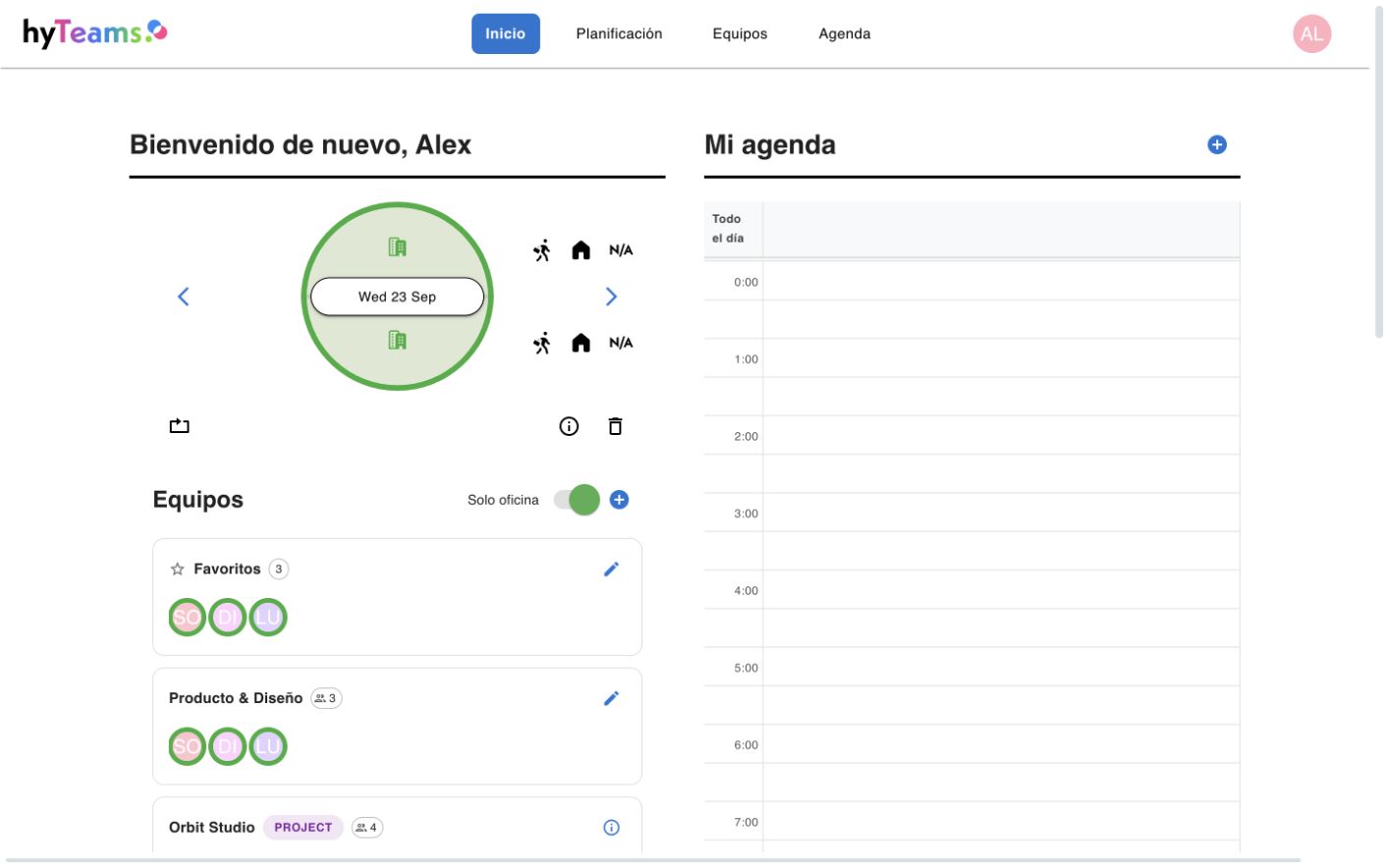hyTeams Web mostrando el inicio y la agenda del equipo